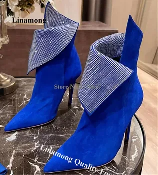 Linamong Rhinestones Sufolded Thin Heel Suede Short Boots Bling Bling Pointed Toe Blue Red Black Stiletto Heel Crystals Ankle Boot