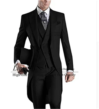 Long Jacket Tailcoat Juodi vestuviniai kostiumai vyrams 3 dalių rinkiniai Jaunikis Smokingas Plonas Jaunikis Prom Blazers Oficialus kostiumas Homme