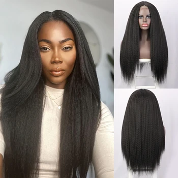 Long Yaki Straight Wig 30 Inch Kinky Straight Wigs for Black Women Cosplay Natural Synthetic Middle Part Hair Wig Heat Resistan