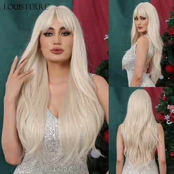 LOUIS FERRE Šilti šviesūs banguoti plaukai Ilgi sintetiniai perukai baltoms moterims Natūralūs moterų plaukai su kirpčiukais Kasdieniniai Cosplay pluošto perukai