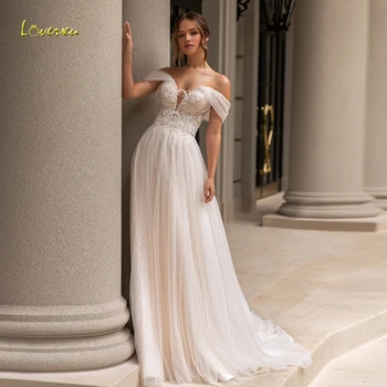 Loverxu A-Line elegantiškos vestuvinės suknelės 2024 Mieloji nuo peties Vestido De Novia karoliukais aplikacijos Tiulio chalatas De Mariee