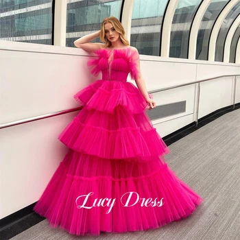 Lucy Party Gala suknelės Moteris 2024 vakarėlių suknelės moterims elegantiška prabangi tinklinė vakarinė suknelė Rožė Raudona sluoksniuota be petnešėlių Pūkuota