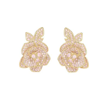 Luxury Camellia Design Big Stud auskarai Daugiaspalviai CZ Paved Mini Zirconia Fashion Women Party Ear Stud papuošalų dovana