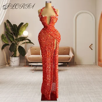 Luxury Full Sequins Crystal Mermaid Party Dress فستان سهرة Halter Orange High Split vakarinės suknelės moterims 2022 העידו אירוע ש
