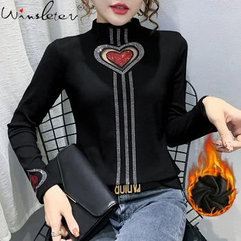 MadBlack Fall Winter European Clothes Cotton Lady T-shirt Mock Neck Fashion Mesh Diamonds Love Tops with Fleece's New Tees T1N005A