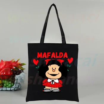 Mafalda Anime Animacinis filmas Komiksai Ponios Juodos rankinės Drobė Tote Krepšys Apsipirkimas Kelionės Moterys Daugkartinio naudojimo krepšiai per petį Bolsas de tela