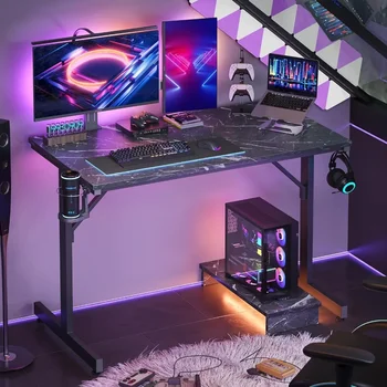 Mažas žaidimų stalas su monitoriaus stovu, 42 colių LED kompiuterio stalas, žaidėjų darbo vieta su puodelio laikikliu ir ausinių kabliukais, režimas