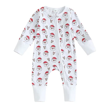 Mažylis Baby Zipper Rompers Casual Christmas Tree/Santa Claus Print kombinezonas ilgomis rankovėmis su pėdutėmis kūdikiams Mieli drabužiai