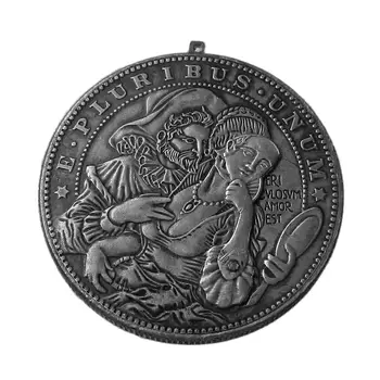 Mechaninė moneta su skeletu, dėvinčiu mergaitės kaukę draugo dovanai