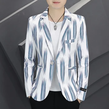 Men Blazer Spring Fashion Aukštos kokybės vyriškas paltas Korėjietiška spausdinto plono oficialaus vestuvių vakarėlio prom kostiumo švarko versija