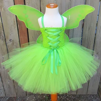 Mergaitės Žalioji fėja Tutu suknelė Kids Fluffy 2Layer Tiulis Tutus su drugelio sparnu Hairbow Set Vaikų Cosplay vakarėlio kostiuminė suknelė