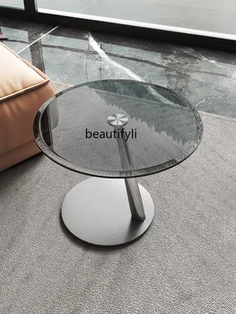Minimalistinis grūdintas stiklas Mažas kavos staliukas Nerūdijančio plieno svetainė apvali sofa Kampinis stalas Balkonas Šoninis staliukas