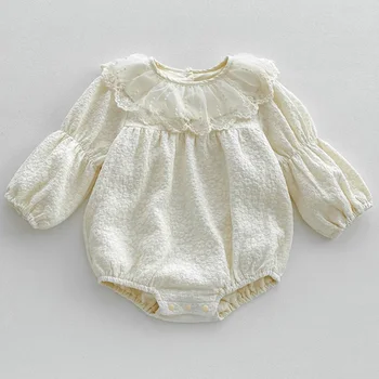 Minkštas jaukios tekstūros kūdikių nėrinių raukiniai Romper Ruduo Žiema Ką tik gimęs mažylis Mergaitės Pūstomis rankovėmis kombinezonas Korėjietiškas naujas smėlinukas