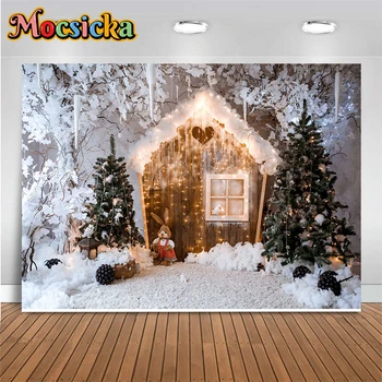 Mocsicka Žiemos Kalėdos Švęsti Dekoracija Fotografija Fonas Baltas sniegovaizdis Chalet Lights Fonas Studija Photobooth