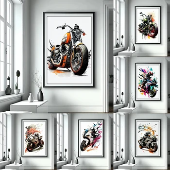 Modernus motociklas Gatvės grafiti drobės tapyba, sportinis dviratis Akvarelės plakatas Abstraktus lenktynių sienos menas Spausdinti Žaidimų kambario dekoras