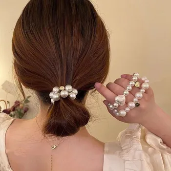 Moteris Elegantiški perlų plaukų kaklaraiščiai Karoliukai Merginos Šukės Guminės juostos Ponytail laikikliai Plaukų aksesuarai Elastinė plaukų juosta