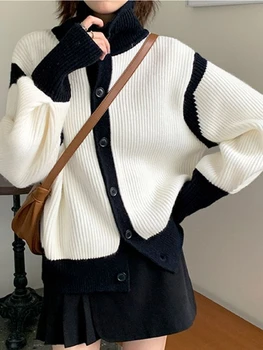 Moteriški drabužiai Korėja Stilingi megztiniai 2023 Žiema LAISVAS Viršus ilgomis rankovėmis Sustorinantys paltai Sraigtiniai siūlai Koliažas Megztas