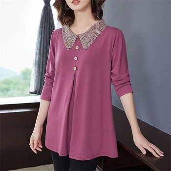 Moteriški drabužiai Nėriniuota apykaklė Paprasti laisvalaikio ilgomis rankovėmis Pagrindiniai marškinėliai Pavasario rudens korėjiečių mada Solid Loose Tunic Ladies Tops