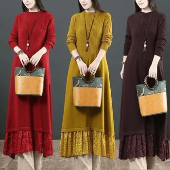 Moteriški drabužiai Vienspalviai megztos ilgos suknelės Ruduo Žieminiai vintažiniai nėriniai Patchwork All-Match A-Line Waist Casual O-Neck suknelės