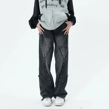 Moteriški džinsai Mada Amerikos skalbtos žvaigždės Kutai Neapdoroto krašto dizaino džinsinės kelnės aukštu juosmeniu Laisvos tiesios plačios kojos Kelnės Y2K