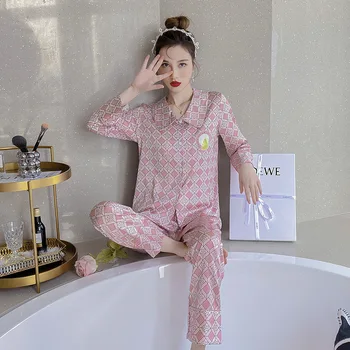 Moteriški miego drabužiai Seksualios pižamos komplektas Rožinis 2 dalių marškiniai ir kelnės Laisvalaikio namų drabužiai Spausdinti Apatinis trikotažas Pavasaris Nauji namų drabužiai Loungewear