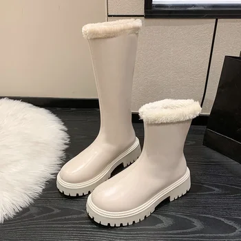 Moteriški pliušiniai šilti šlaunų batai 2023 Žieminiai apvalaus piršto storio pado aukšti sniego batai Kelio ilgio batai Platforminiai batai