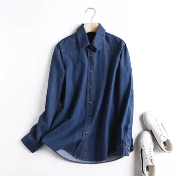 Moterys 2024 Naujos mados vasaros džinsiniai marškiniai ilgomis rankovėmis Vintage Button All-Match Casual Moteriški marškiniai Blusas Chic Tops