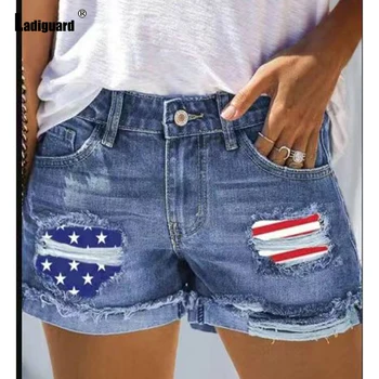 Moterys iškirpti džinsiniai sijonai Drabužiai 2023 Amerikos mada Plėšyti trumpi džinsai Suknelės Moteriška vėliava Spausdinti sijoną Mini pieštukas Bodycon