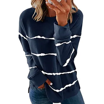 Moterys Vienspalvis megztinis su gobtuvu Naujas moteriškas margintas dryžuotas mada apvaliu kaklu Laisvas džemperis ilgomis rankovėmis 2024 Naujas