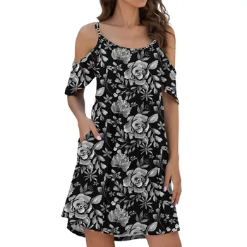 Moterų vasaros bohemiška suknelė Vintažinė laisvalaikio spagečių dirželis Sundress suknelė Mada Raukinių rankovės Suknelės Laisva paplūdimio suknelė