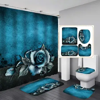 Mėlynos rožės gėlės Neperšlampamas vonios kambarys Dušo užuolaidų komplektas Poliesterio tualeto sėdynės užvalkalas Vonia NonSlip Mat Kilimas Kilimas Namų dekoras