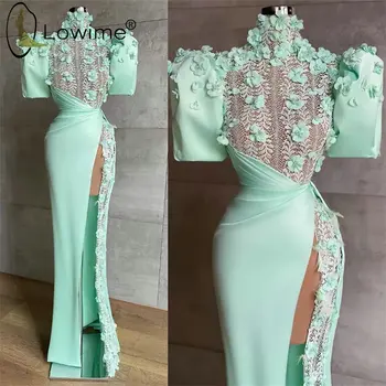 Mėtų žalioji undinėlė vakariniai chalatai moterims Elegantiška vakarėlio suknelė 2022 m Nėrinių gėlės Prom vakarienės suknelė su plyšiu
