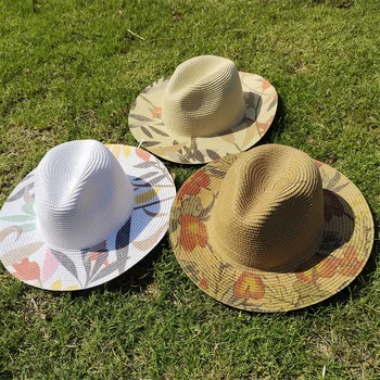 Nauja dažyta vasarinė šiaudinė skrybėlė Panama Džiazo šiaudinė skrybėlė Vyrų ir moterų Unisex paplūdimio kremas nuo saulės Skrybėlė Madinga plati brimmed skrybėlė