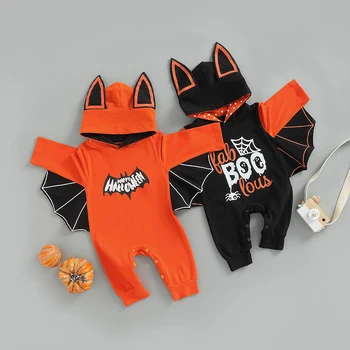 Naujagimio drabužėliai Helovinas Romper ilgomis rankovėmis šikšnosparnio stiliaus laiškas su gobtuvu Snap Romper Kūdikis Naujagimio ilgos kelnės Kombinezonas