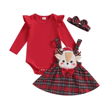 Naujagimė mergaitė Kalėdiniai drabužiai Ruffle Romper smėlinukas Smėlinukas Petnešos Pledinis sijonas Galvos juosta Elnio kostiumas Kalėdų apranga