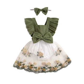 Naujagimė mergaitė Romper suknelė Kūdikis Trumpomis rankovėmis raukinių tinklelis Tutu sijonas Komplektas Vasaros pavasario apranga Galvos juosta