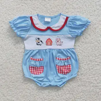 Naujas dizainas 2023 Kūdikiai trumpomis rankovėmis Vaikų ūkio smėlinukai Baby Blue Rompers Naujagimių siuvinėjimo mažyliai