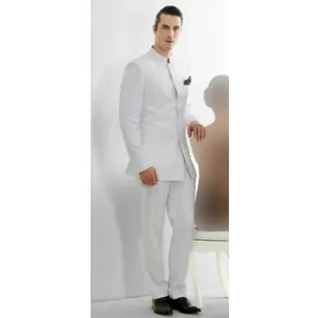 Naujausias vyrų stand-up apykaklės dizainas Tradicinis baltas kostiumas Terno Masculino vakarėlis Dėvėkite klasikines indiškas vestuvinio švarko palto kelnes