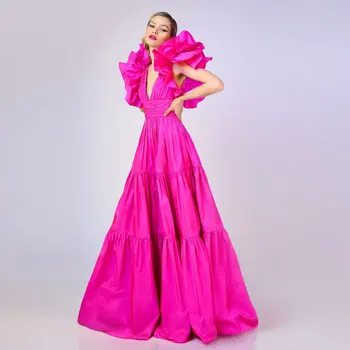 Naujiena V kakle Fuschia Rožinės moterys Ilga prom suknelė 2024 Ruffle gėlių pečių gimtadienis Vakarinis vakarėlis Grindų ilgis Pageant suknelė