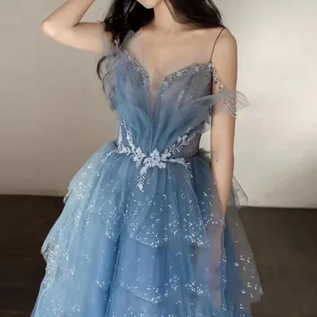 Naujos 3d gėlės Sequin Prom suknelės moterims Blizgantis mėlynas tiulis Sluoksniuoti dirželiai be nugaros Fairy suknelė Mieloji ilga vakarinė suknelė