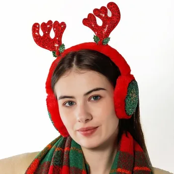 Naujos Kalėdos Mielos ragų ausinės Kalėdų eglutė Žiemiškai atspari ausinė Reguliuojama raudona pliušinė ausinė Moteriškos ausinės