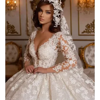 Naujos retro nėrinių vestuvinės suknelės Princesės kamuolinė suknelė Karoliukai Nuotakos chalatai Blizgančios ilgos rankovės Dramblio Kaulo Krantas Dubajus Santuoka