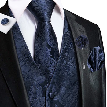 Navy Blue Mens Šilkinės liemenės verslas Paisley V-Necl liemenės kaklaraištis Hanky rankogalių segės sagės rinkinys vyrams Kostiumas Vestuvės Oficialus Hi-Tie