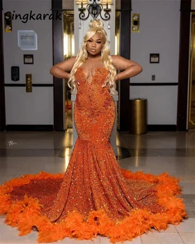 New Arrival Orange Mermaid Prom Suknelė 2023 Sparkly Beads Crystal Feathers Sequins Luxury Birthay Party Gown Robe De Bal