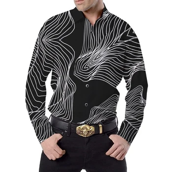 New Fashion Abstract Line Printed Vyriški marškiniai ilgomis rankovėmis Muscle Fitness Social Party Dress Up Tops Drabužių marškiniai vyrams