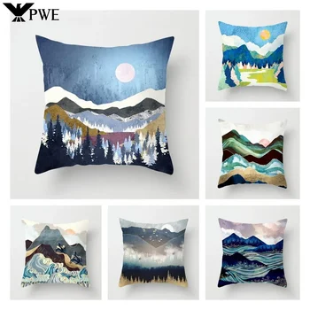 New Mountains Ocean Polyester Cushion Cover Hand Painting Modern Art Dekoratyvinės pagalvės Svetainė Sofa Automobilinis pagalvės užvalkalas 45x45cm