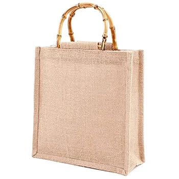 nešiojamas pirkinių krepšys, nešiojamas džiuto pirkinių krepšys Bambuko krepšys su žiedo rankenomis tote šviesiai rudos