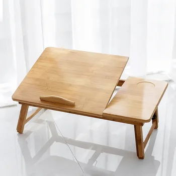 Nešiojamas sulankstomas reguliuojamas bambuko nešiojamojo kompiuterio stalas pusryčių serviravimo lovos padėklas su pakreipiamu viršutiniu stalčiumi
