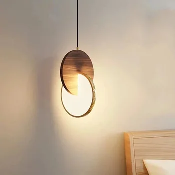 Nodic LED pakabukas Šviesa Paprasta riešutmedžio spalva Apvali miegamojo naktinė lempa Namų dekoras Modernus restoranas 