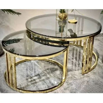 Nordic svetainė apvalaus šoninio staliuko komplektas metalinis nerūdijančio plieno auksas lizdas grūdinto stiklo kavos staliukas modernus